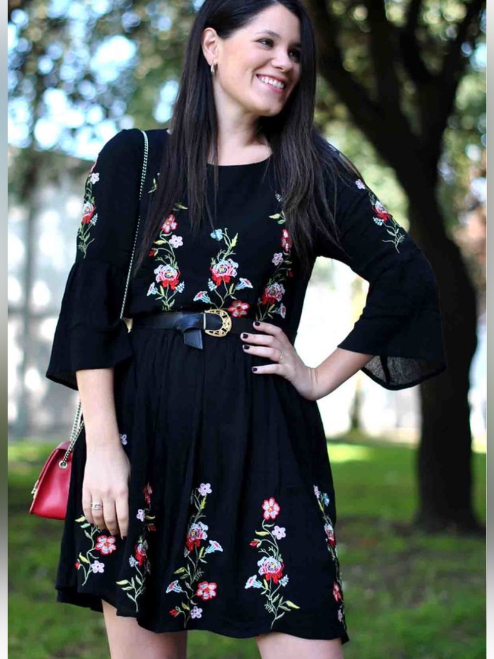 Cottage-core Boho Floral Embroidery Black Bell sleeves  100% cotton